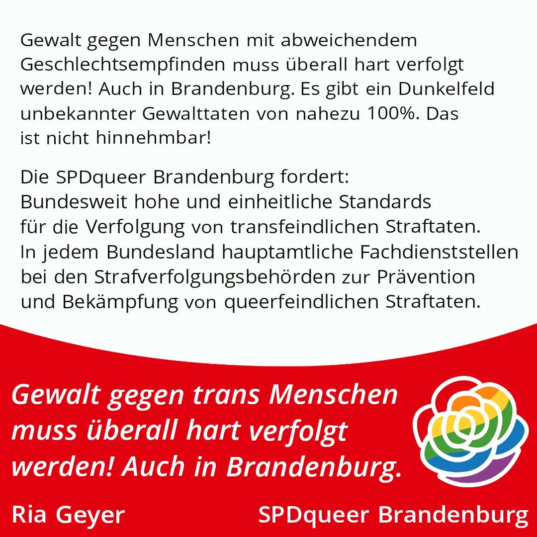 #TransDayOfRemembrance
Gewalt gegen Menschen mit abweichendem Geschlechtsempfinden muss überall hart verfolgt werden! Auch in Brandenburg. Nahezu 100% Dunkelfeld sind nicht hinnehmbar!
Die SPDqueer Brandenburg fordert: Bundesweit hohe und einheitliche Standards für die Verfolgung