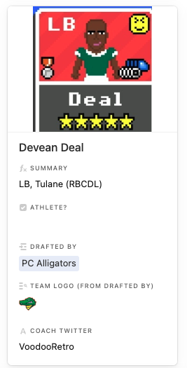 With the first pick of the Season 32 <a href="/RFNorthAmerica/">Retro Football of North America</a> Draft, the Panama City Alligators (and our draft city hosts) select LB/Edge Devean Deal, Tulane.

<a href="/Retro_Panama_69/">Coach Iz</a> <a href="/VoodooRetro/">Voodoo Retro ⚜</a>