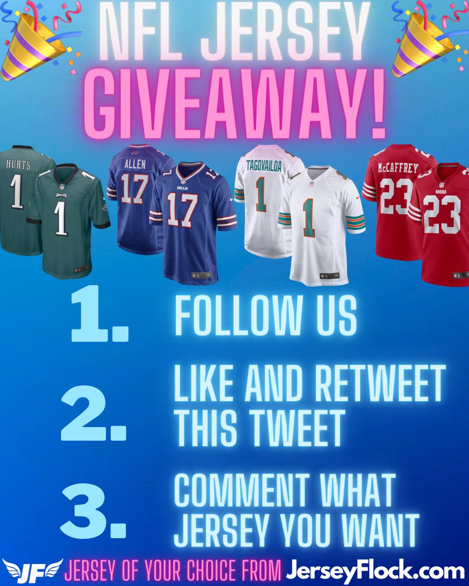 JerseyFlock's tweet image. 🚨GIVEAWAY🚨

One lucky winner will receive an NFL jersey of their choice!  

To enter you must:

1. Follow us
2. Like and RT this tweet
3. Comment what jersey you want (can be any NFL jersey from JerseyFlock.com)

Winner randomly selected on Tuesday. Good luck!