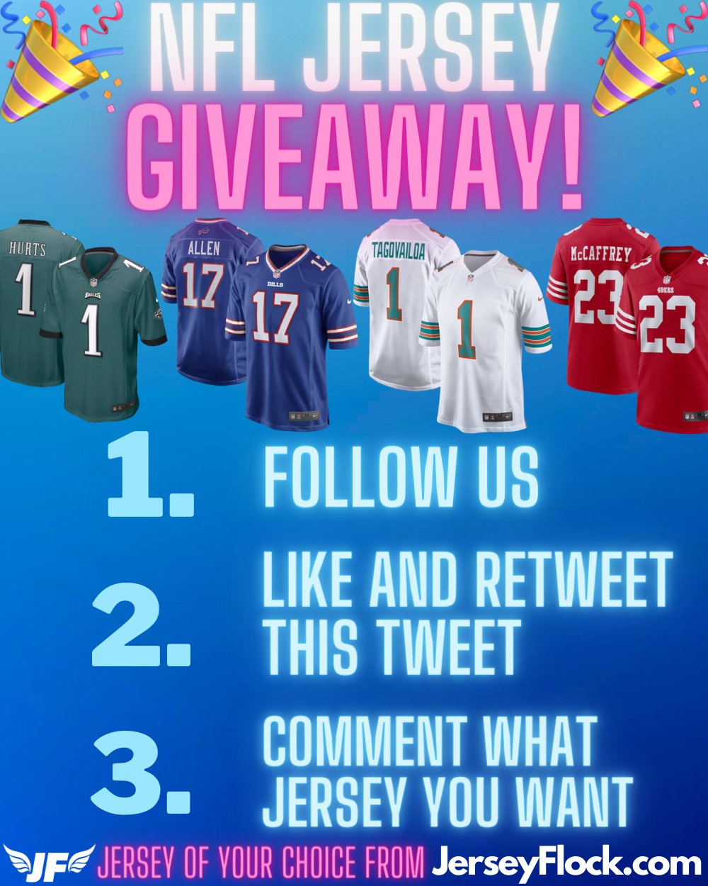 ShopJerseyFlock.com on X: 🚨GIVEAWAY🚨 One lucky winner will receive an NFL  jersey of their choice! To enter you must: 1. Follow us 2. Like and RT this  tweet 3. Comment what jersey