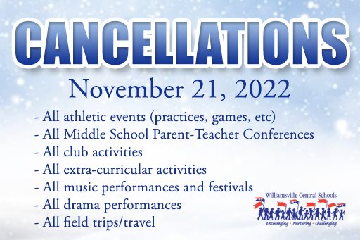 🚨❄️WCSD Students, Families, &amp; Staff: Due to the regional impact of the lake effect snow storm, there is NO SCHOOL on Monday, Nov. 21. All after school activities ARE CANCELLED as well. ❄️🚨

DETAILS: williamsvillek12.org/news_detail_T2…