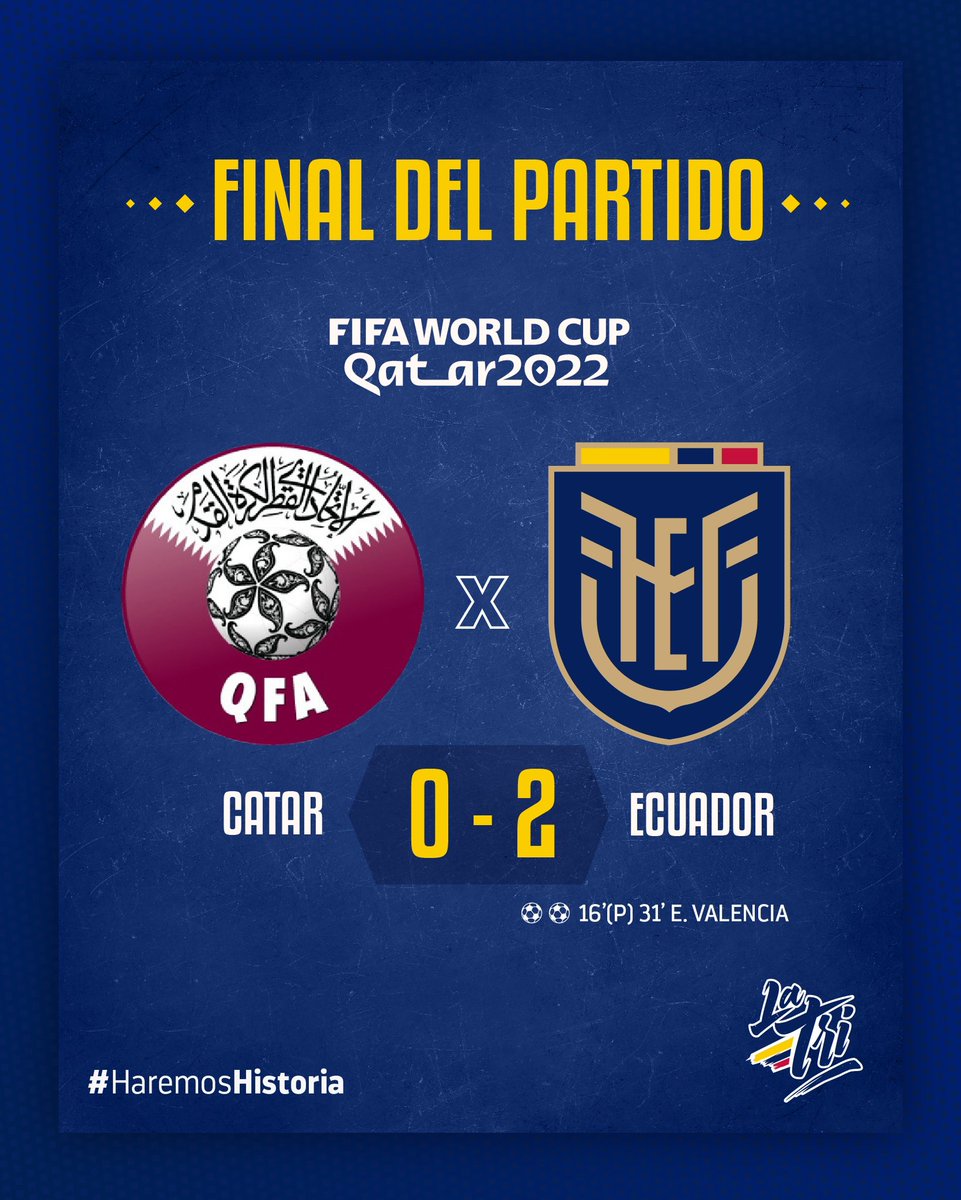 LaTri's tweet photo. 🔚 ¡Final del partido! 

🤜🤛 #QAT   0 🆚 2 #ECU             
🏟 Estadio Al Bayt
🗓 Fecha # 1
🏆 #FIFAWorldCup                

#HaremosHistoria🇪🇨 https://t.co/90l4FaeCEs