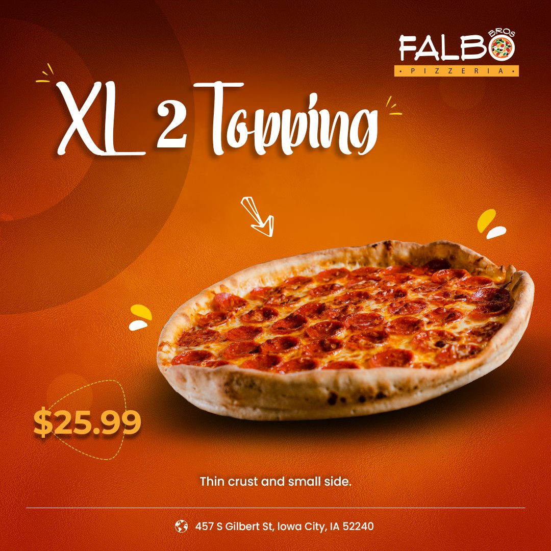 realFalbosIC's tweet photo. Every Sunday is a funday, and we make it special with an XL 2 toppings thin crust and any small side! Order up your deal today!
https://t.co/gpB0cansa1

#SundaySpecial #XL2Toppings #OrderOnline #SpecialDiscount #Iowacity #FalboBros #ThinCrust https://t.co/UDZrNq9lY7