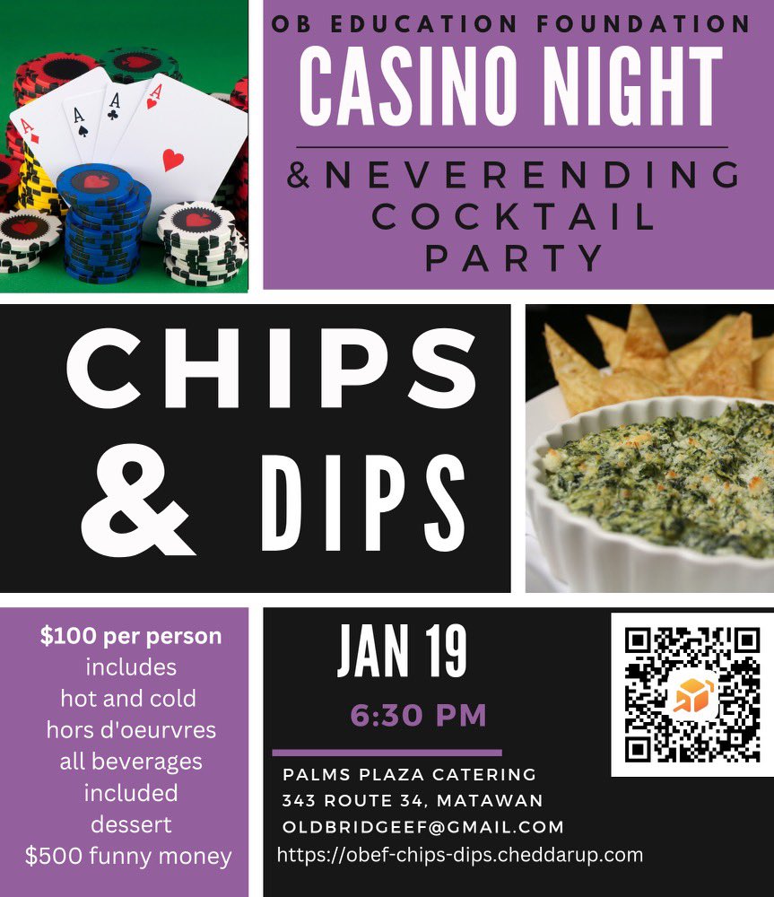 The OBEF is excited to bring Casino Night back! 🎰
Please use the QR code on these flyer to purchase tickets! Admission is limited so purchase your ticket now to guarantee your spot! We expect this event to sell out quickly!! <a href="/OldBridgeTPS/">The Bridge</a> @OBSupCittadino <a href="/Mr_Bill_OB/">Mr. Bill</a>