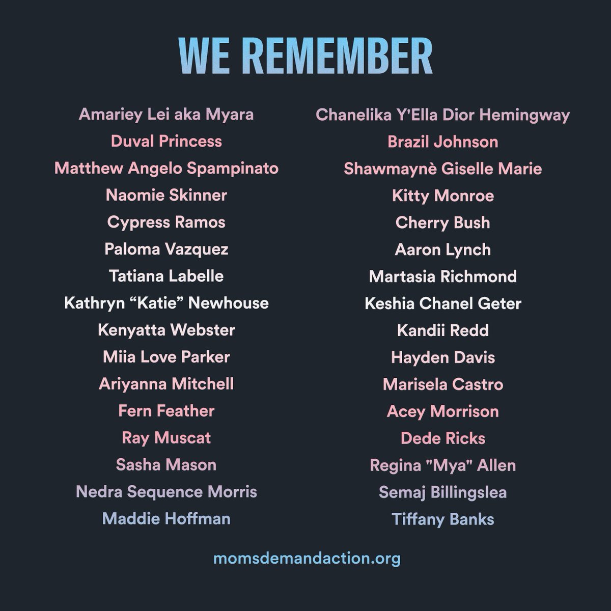 MomsDemand's tweet photo. On this #TransDayofRemembrance, we are not only honoring the 32 trans and gender non-conforming people whose lives were cut short this year in the US and Puerto Rico—most of whom were killed with guns—but also mourning the lives stolen and forever changed last night at Club Q. https://t.co/gGtAGV1WYp