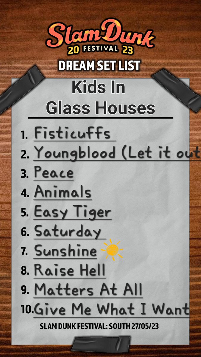 Obviously <a href="/SlamDunkMusic/">Slam Dunk Festival</a> will give the returning heroes <a href="/kighofficial/">Kids In Glass Houses</a> longer than a 10 song set 😉😉