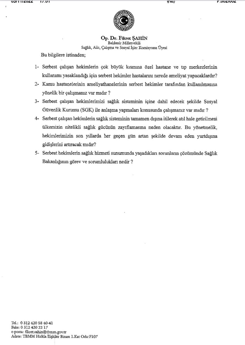 Serbest çalışan hekim meslektaşlarımızın sordukları #HekimlerNeredeAmeliyatYapacak
sorusunu bizde 3.11.2022 tarihinde 
<a href="/drfahrettinkoca/">Dr. Fahrettin Koca</a> ve <a href="/saglikbakanligi/">T.C. Sağlık Bakanlığı</a>’na TBMM soru önergesiyle sorduk…

Anayasamıza göre soru önergelerinin en geç 15 gün içinde cevaplanması gerekiyor…