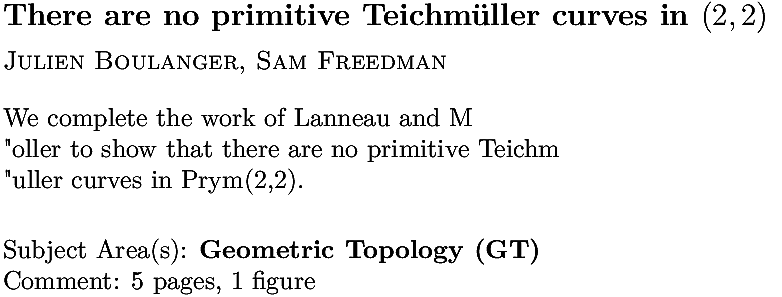 arxiv.org/abs/2211.09737…
J Boulanger, S Freedman
There are no primitive Teichmüller curves in $\Prym(2,2)