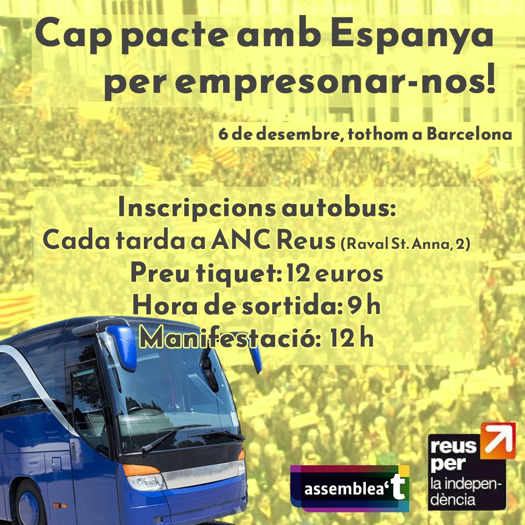 Davant els pactes i les reformes penals per acontentar el Règim del 78 i blanquejar Espanya davant Europa, sortim al carrer! 

El proper 6 de desembre vine en bus a la manifestació a Barcelona!