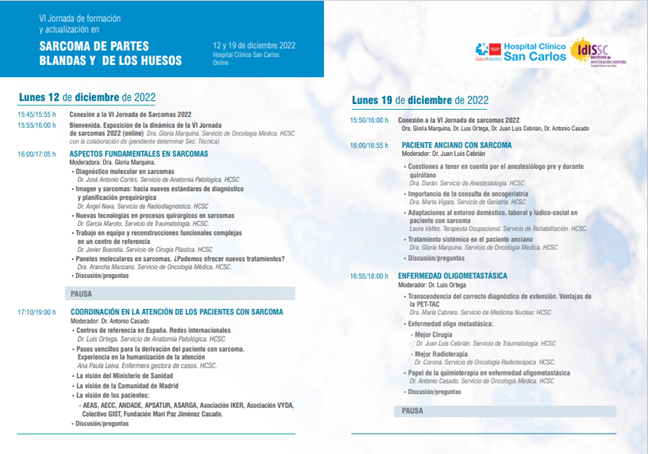 SarcomasHCSC's tweet photo. 🚨🚨🚨ATENCIÓN! Un año más os invitamos a participar en la JORNADA DE SARCOMAS ONLINE del Hospital Clínico San Carlos #somosclinico 12 y 19 de diciembre de 2022, de 15:50 a 19:15 h (CET). INSCRIPCIÓN GRATUITA AQUÍ 🔜https://t.co/CpgES2KaCa PROGRAMA AQUÍ https://t.co/nF1DATMRHX