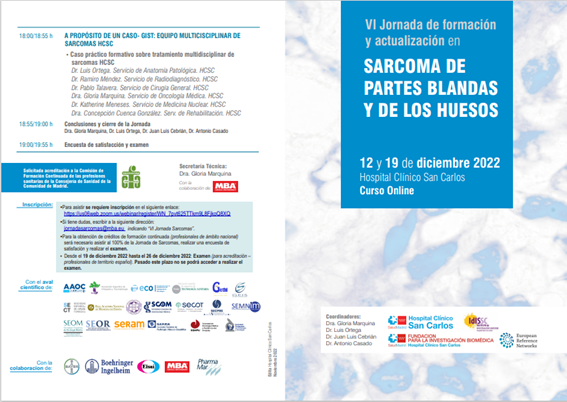 SarcomasHCSC's tweet photo. 🚨🚨🚨ATENCIÓN! Un año más os invitamos a participar en la JORNADA DE SARCOMAS ONLINE del Hospital Clínico San Carlos #somosclinico 12 y 19 de diciembre de 2022, de 15:50 a 19:15 h (CET). INSCRIPCIÓN GRATUITA AQUÍ 🔜https://t.co/CpgES2KaCa PROGRAMA AQUÍ https://t.co/nF1DATMRHX