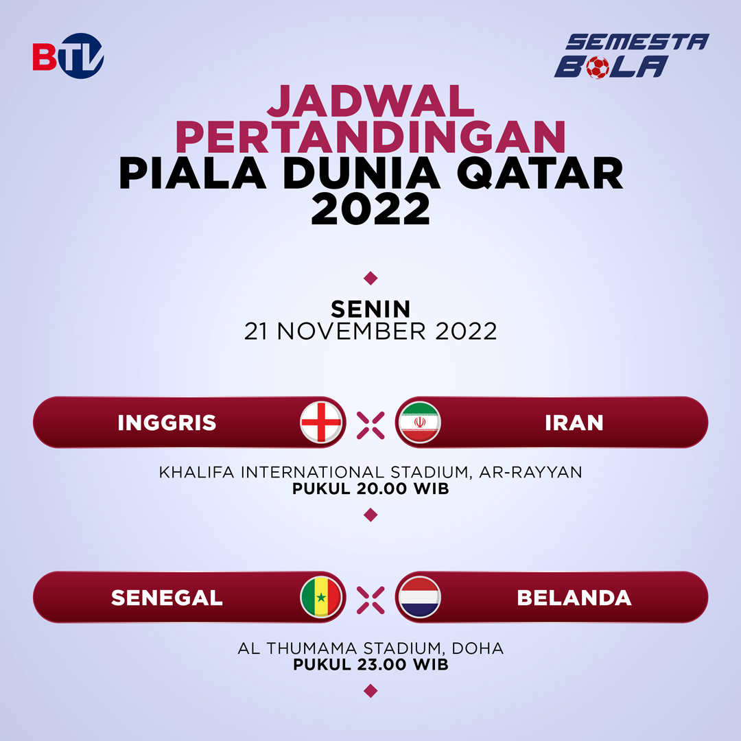 Beritasatu's tweet photo. Inilah jadwal Piala Dunia 2022, Senin, 21 November 2022.
Ikuti update seputar Piala Dunia 2022 di Semesta Bola!
#FIFAWorldCup #Qatar2022 #SemestaBola #FotoCaption #BeritaSatu #BUniverse #BersatuMenginspirasi https://t.co/5vKUBl77oH