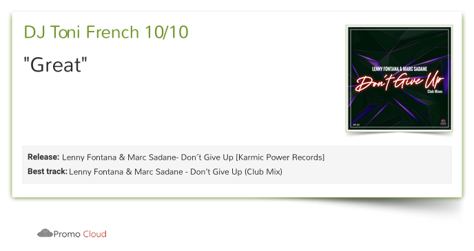 KarmicPowerRec's tweet photo. DJ Toni French reviewed @lennyfontana - Don’t Give Up (Club Mix). 10/10 #DontGiveUp #LennyFontana #MarcSadane #newmusic #p https://t.co/bBVd04sjPX