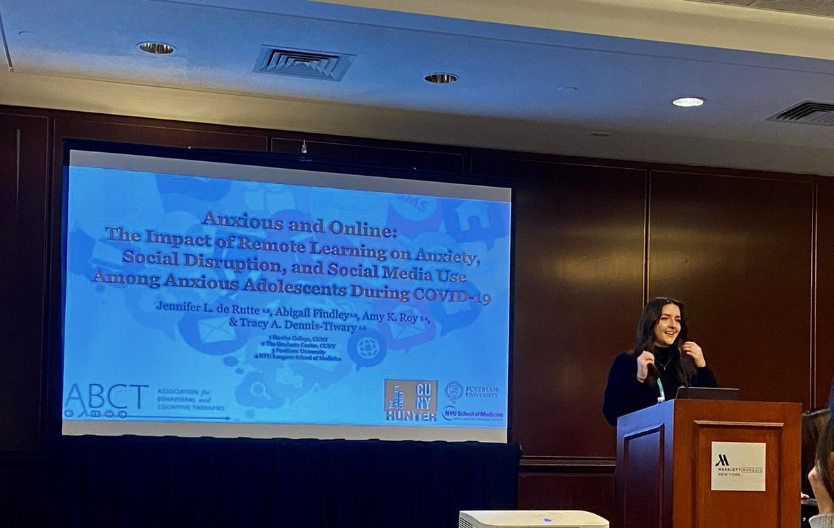 HPCS (@hpcscuny) on Twitter photo 4th-year student <a href="/jenderutte/">Jennifer de Rutte</a>’s talk at <a href="/ABCTNOW/">Association for Behavioral and Cognitive Therapies</a>! She presented a study from the <a href="/tracyadennis/">Tracy A. Dennis-Tiwary, PhD</a> lab that investigated how the transition to remote learning during COVID influenced anxiety symptoms, learning difficulties, social disruption, & social media experiences in adolescents. 4th-year student <a href="/jenderutte/">Jennifer de Rutte</a>’s talk at <a href="/ABCTNOW/">Association for Behavioral and Cognitive Therapies</a>! She presented a study from the <a href="/tracyadennis/">Tracy A. Dennis-Tiwary, PhD</a> lab that investigated how the transition to remote learning during COVID influenced anxiety symptoms, learning difficulties, social disruption, & social media experiences in adolescents.