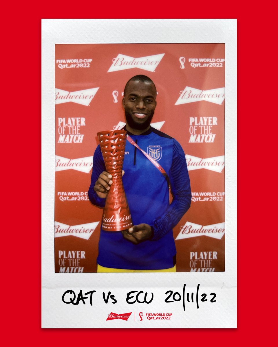 Budweiser's tweet photo. 💪 Captain, leader and now Ecuador’s all-time World Cup top scorer - Enner Valencia, your #Budweiser Player of the Match. 👏 #POTM #YoursToTake #BudweiserWorldCup https://t.co/7aM9bOM355