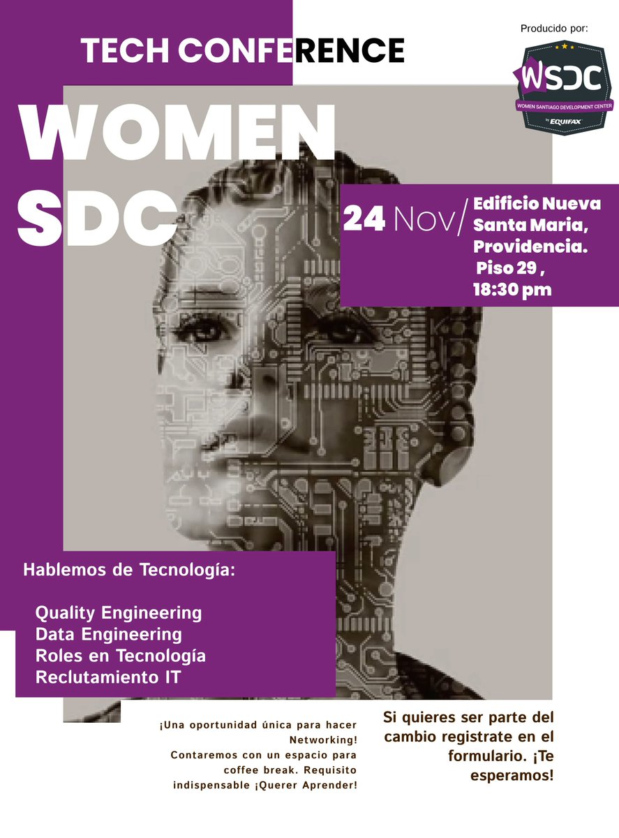 ¿Quieres participar de Women SDC Tech Conference? Es una instancia de conocimiento y networking en vivo organizado por Equifax este jueves 24 de noviembre desde las 18:30 que no te lo puedes perder.
Escribiéndonos al santiago@womenwhocode.com con tu nombre y tu ocupación.