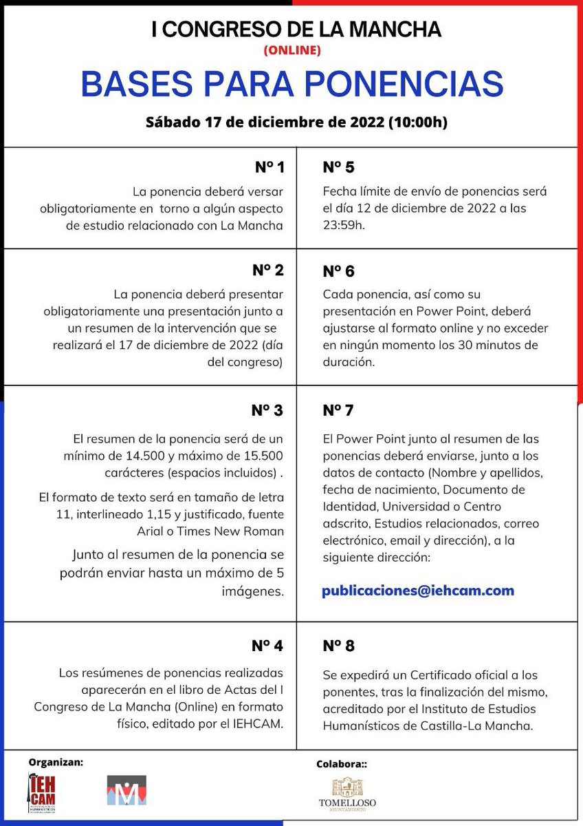 AJManchega's tweet photo. Si quieres participar en el 𝑰 𝑪𝒐𝒏𝒈𝒓𝒆𝒔𝒐 𝒅𝒆 𝑳𝒂 𝑴𝒂𝒏𝒄𝒉𝒂 como ponente, no dudes en ponerte en contacto con @iehcam o @LaManchaImporta.

Cuantos más temas o puntos de vista se aborden, más calidad tendrá el Congreso. https://t.co/cq5e0zCFui
