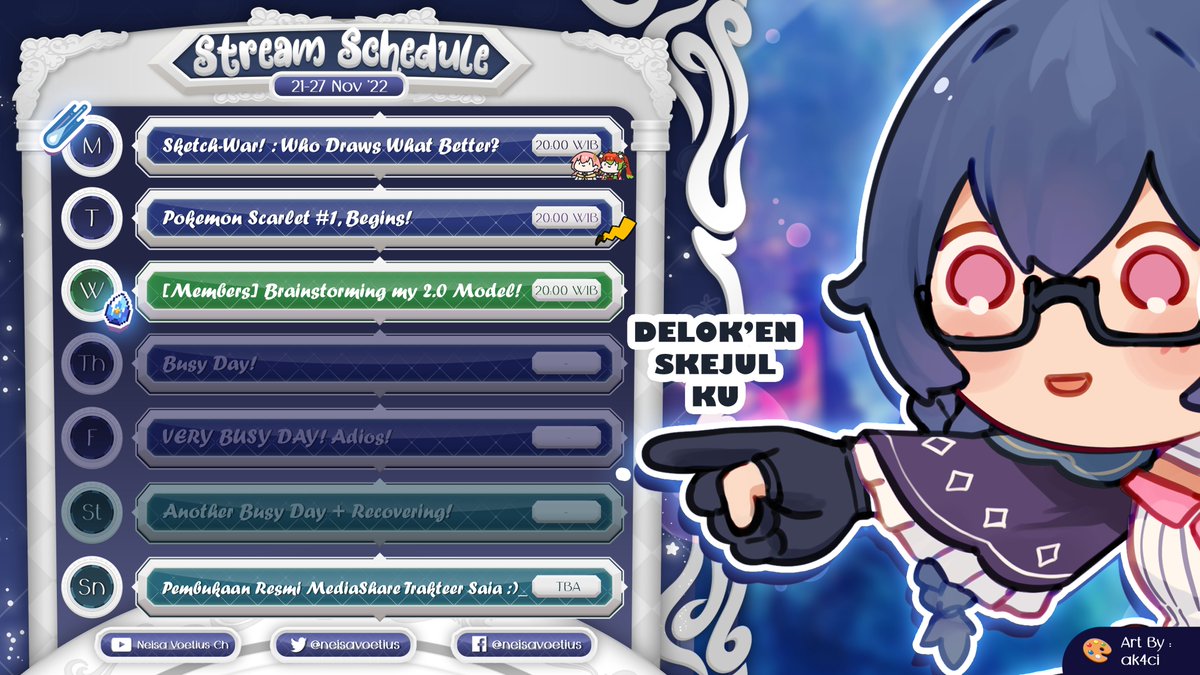 neisavoetius's tweet photo. PIK-HA-CHOOH (no im not sick no wori)
&amp; My First Members-Only Stream

✧ Weekly Schedule for Nov 21 - Nov 27, 2022 ✧
!socials : https://t.co/nuv926iiIU

Hashtags :
General &amp; Info : #NeisaVoetius
Fanart - #Neisketch (18-) #PPNeisa (18+)
Memes - #Neismeme
Stream/Clips - #Neisdream https://t.co/Dw4r1ELNcN