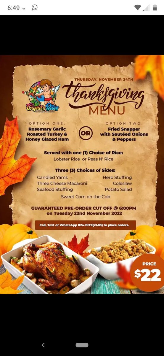 samcarts72's tweet image. Cupid's Bites, (Ronnie's on the cay) Governor's Harbour, Eleuthera, Bahamas...Thanksgiving Special menu. Great Food!!...Please place orders early via text or WhatsApp to 242 824-2483. Pre-order cutoff is on Tuesday, Nov 22nd at 6pm...Don't get shared out...just $22.