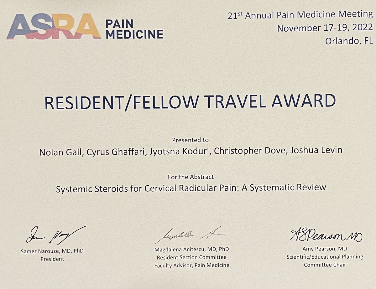 NolanGallMD's tweet photo. Honored to have received the #ASRAFALL22 Best of Meeting/Travel Award at this year’s conference. Thank you to #ASRAFALL22 for the opportunity to showcase our study to physicians who frequently treat this condition and thank you to @Stanford_Ortho and #StanfordPMR for the support! https://t.co/JoOMupHtN4