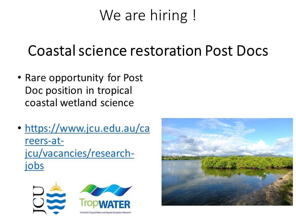 We are hiring Post Docs interested in Coastal Wetland Restoration ! Check link below jcu.edu.au/careers-at-jcu…