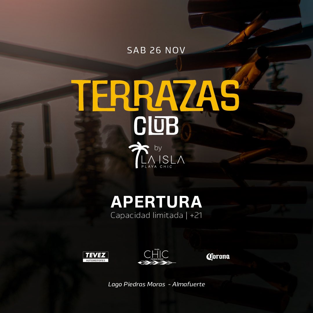 LaIsla_ARG's tweet photo. Nace un nuevo concepto dentro de #LaIsla ⚡️

Sábado 26 de noviembre apertura #TerrazasClub 

Club exclusivo + 21 | Capacidad limitada. https://t.co/T1OljWOnAe