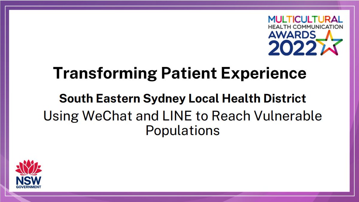 mhcsnsw's tweet photo. 🏆 Congratulations to the winner of the Transforming Patient Experience Category:
Using WeChat and LINE to Reach Vulnerable Populations by @SEastSydHealth
#MulticulturalHealthAwards https://t.co/Ifu5PRMC2l