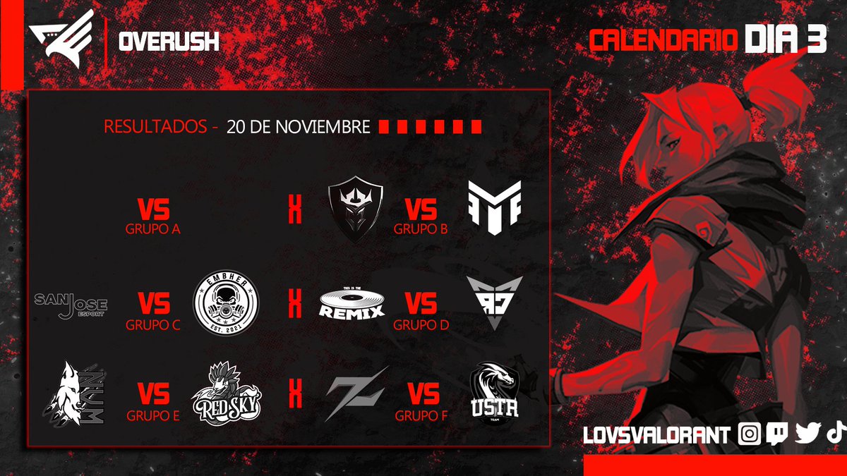 Calendario - 20 de Noviembre

#Exceritus vs <a href="/TrueFateEsports/">True Fate Esports</a> 
<a href="/sanjoseesport/">San José Esport</a> vs <a href="/EsportsEmbher/">EMBHER ESPORTS</a> 
<a href="/theremixgg/">Master picks</a> vs <a href="/RadialisRC/">Radialis RC</a> 
<a href="/N3vermindTeam/">N3verMind Team</a> vs <a href="/RedSkyLatam/">Red Sky Gaming</a> 
<a href="/esports7z_/">7z Esports Club</a> vs #UnitedStrong 

Muchos éxitos hoy! Link de transmisión en IG!
instagram.com/invites/contac…

#VALORANT #VCT