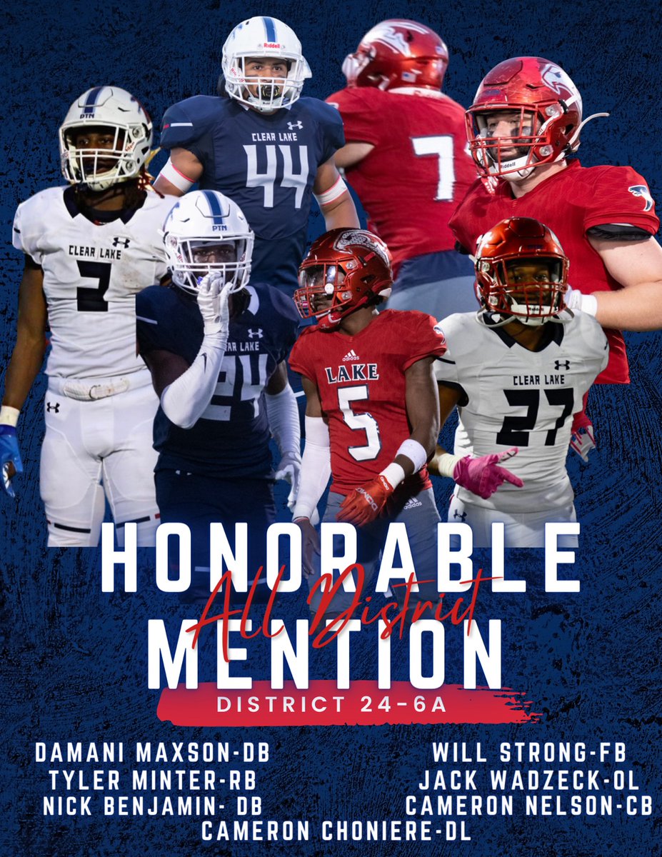 LarryWMcrae's tweet image. Congratulations to our Clear Lake Falcon Football Honorable Mention Team 24-6A All District Choices! Way to Go Fellas! EDIT Credit to Mrs. Gabbie Sillavan! 
#PTN
@CLHSFalcons 
@Clear_LakeHS 
@DamaniMaxson 
@TylerMinter9 
@choiniere_5506 
@JackWadzeck