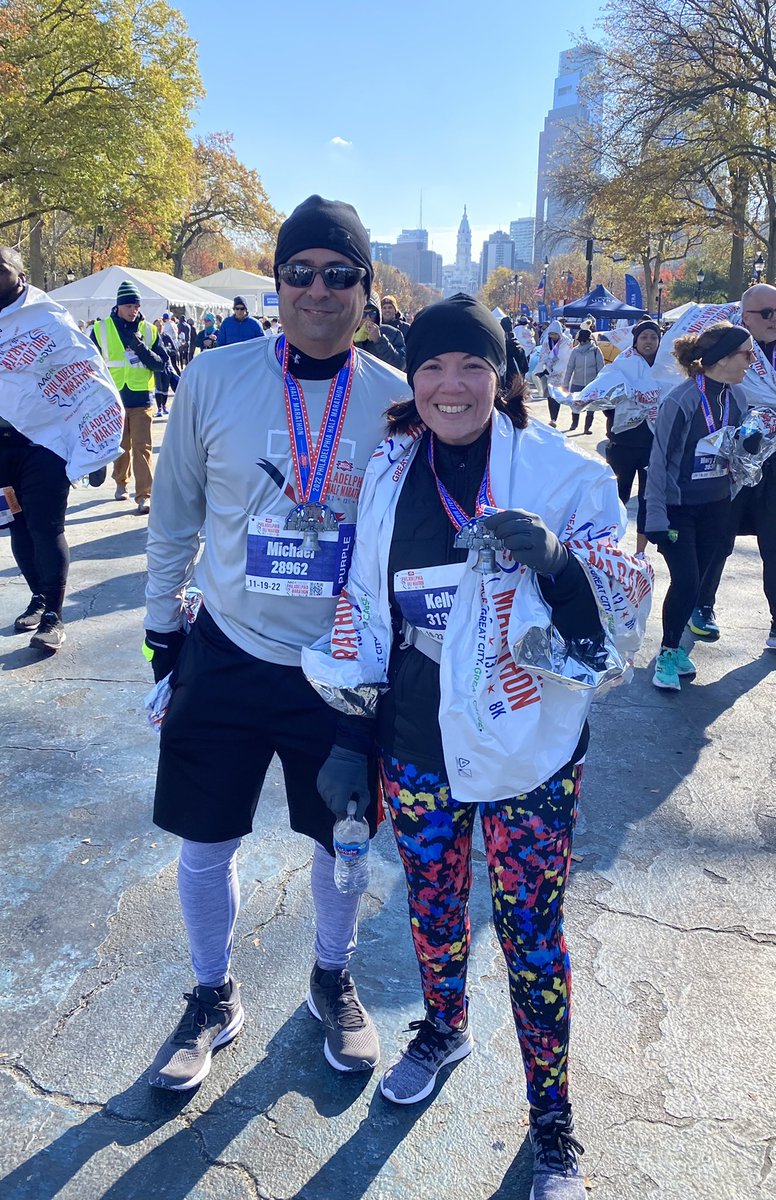 KMMcPartland's tweet photo. If you run 2 halfs in the same calendar year, can you say you’ve run a full? In the City of Brotherly ❤️, what an amazing #phillyweekend2022! 31 degrees at start, crossed finish with #eyeofthetiger playing, @aaronjkowalski!! #PhillyMarathon #phillyhalf @Philly_Marathon #rocky3 https://t.co/7MppSRsPXd