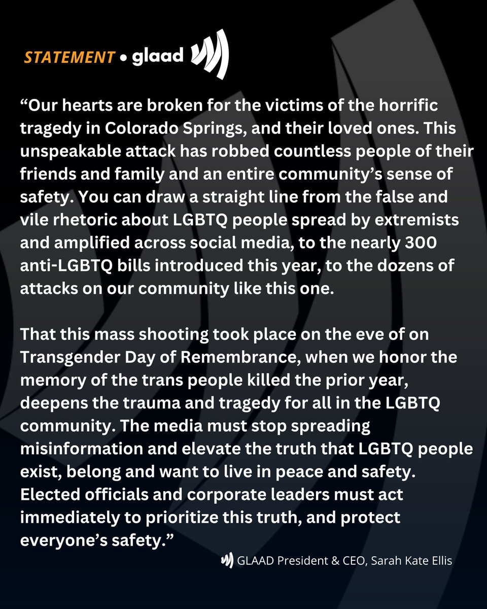 We stand in solidarity with the LGBTQ community in Colorado.

Full Statement: glaad.ws/3TQpxKX