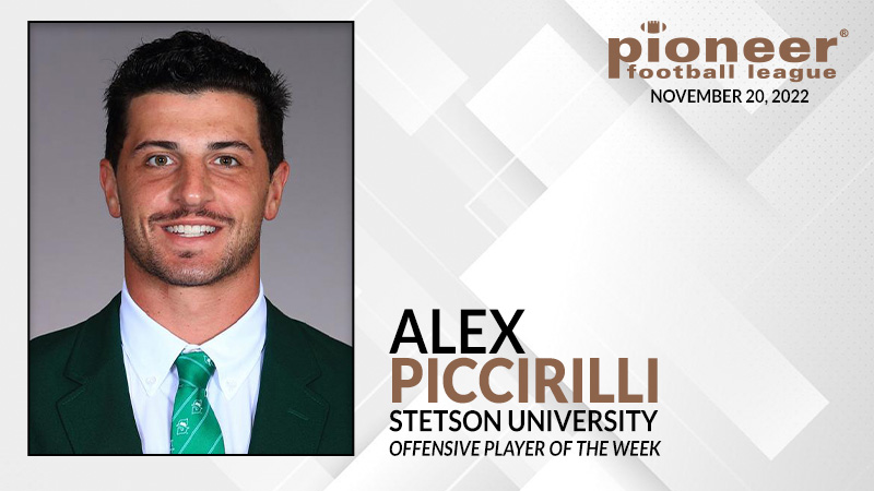pioneerftbl's tweet photo. 𝐏𝐅𝐋 𝐎𝐟𝐟𝐞𝐧𝐬𝐢𝐯𝐞 𝐏𝐥𝐚𝐲𝐞𝐫 𝐨𝐟 𝐭𝐡𝐞 𝐖𝐞𝐞𝐤
@StetsonFootball QB Alex Piccirilli returned from an injury suffered in Week 1 and threw 4 touchdown passes as part of a 24-of-44, career-best 344-yard outing in a win against Presbyterian. #FCS https://t.co/e67TgIV0m4