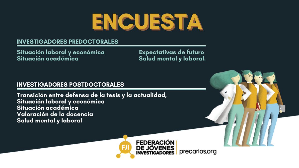 FJIprecarios's tweet photo. Desde la @FJIprecarios hemos sacado una encuesta para conocer la situación de las personas que se dedican a la investigación predoctoral y postdoctoral en España, ¿por qué es importante participar? 
POSTDOCS: https://t.co/5czeeI6XvW
PREDOCS: https://t.co/DZ6vJHzSmc
Abrimos hilo🧵 https://t.co/R88n1xMPnm