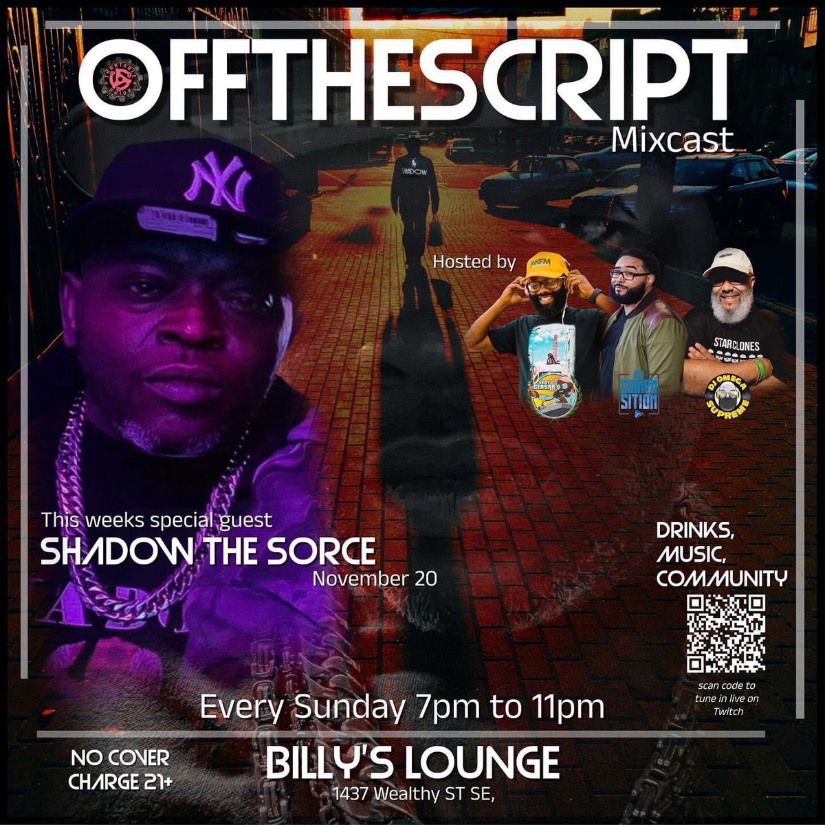 billyslounge's tweet photo. Off the script is a live podcast and mix show streaming live from Bailey’s on twitch every Sunday. Pull up this Sunday November 20th  and get familiar with the homie @shadowthesorce MC, producer, entrepreneur. https://t.co/jQH32Cy8JQ