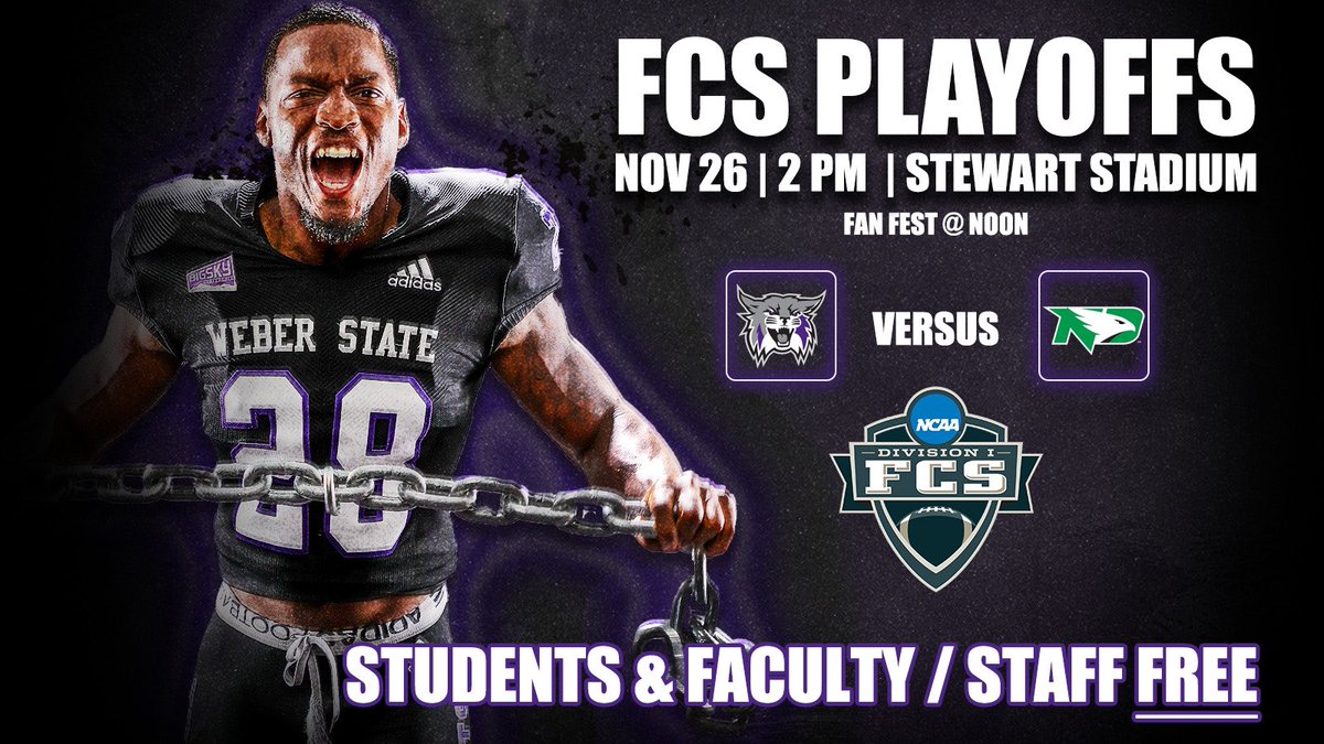 WSUDestruction's tweet image. Playoffs this Saturday vs. old rivals, North Dakota! 

Students get in FREE!

Weather forecast says 50 degrees. Perfect football weather! So come out and be loud! 🏈

#WeAreWeber