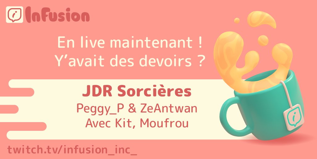 🍵C'est déjà le dernier stream, mais il ça va être une sacrée aventure car c'est l'heure du jdr sorcières avec <a href="/Peggy_P_/">Peggy</a> @ZeAntwan @Moufrou_ @Just_Kit_ &amp; Vazek-Tomi !

twitch.tv/infusion_inc_