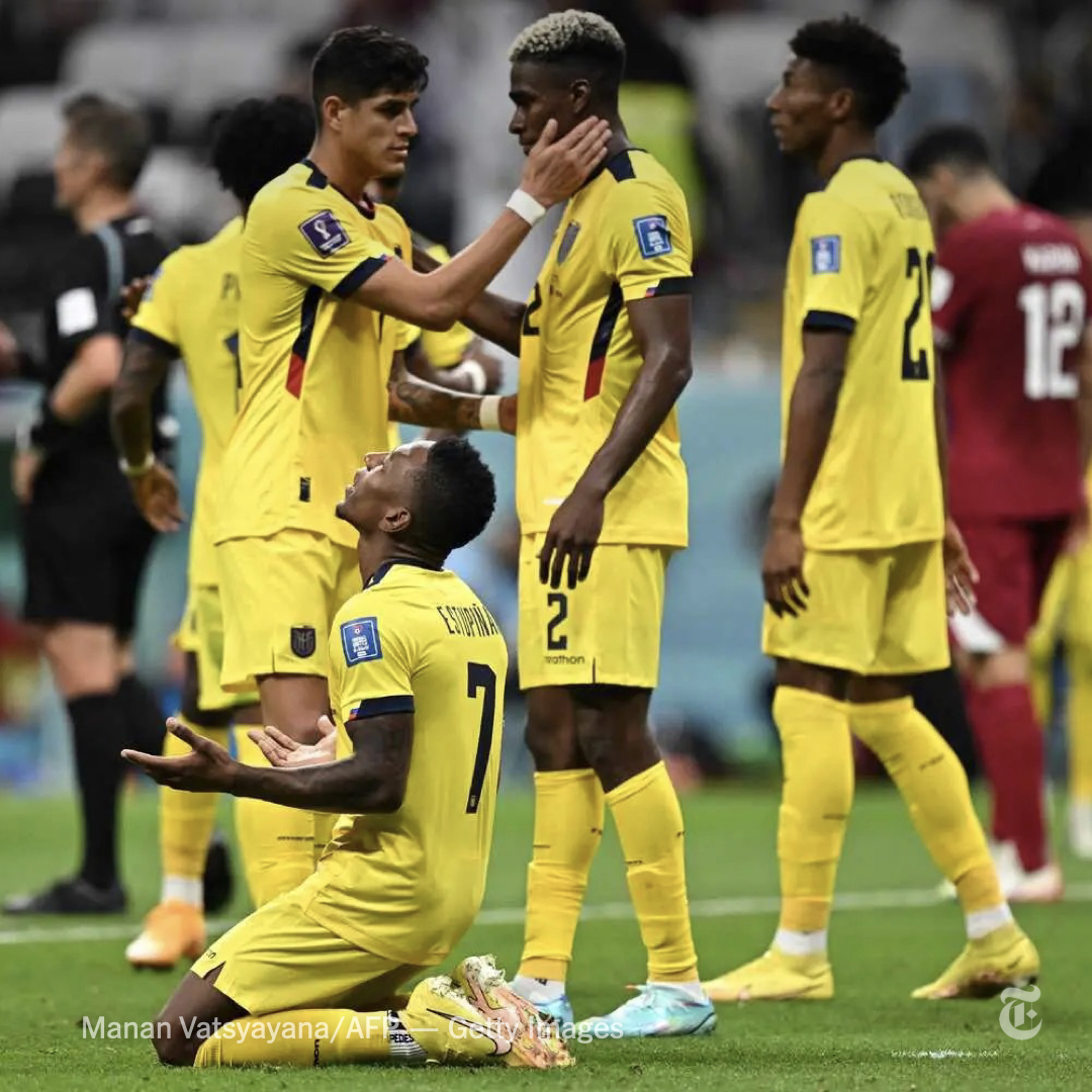 nytimes's tweet photo. Ecuador players celebrated their 2-0 victory in the World Cup's first match on Sunday — defeating Qatar, the host nation, after a celebratory opening ceremony. https://t.co/HjrOZDOqDq https://t.co/U4hHA9w3Uw