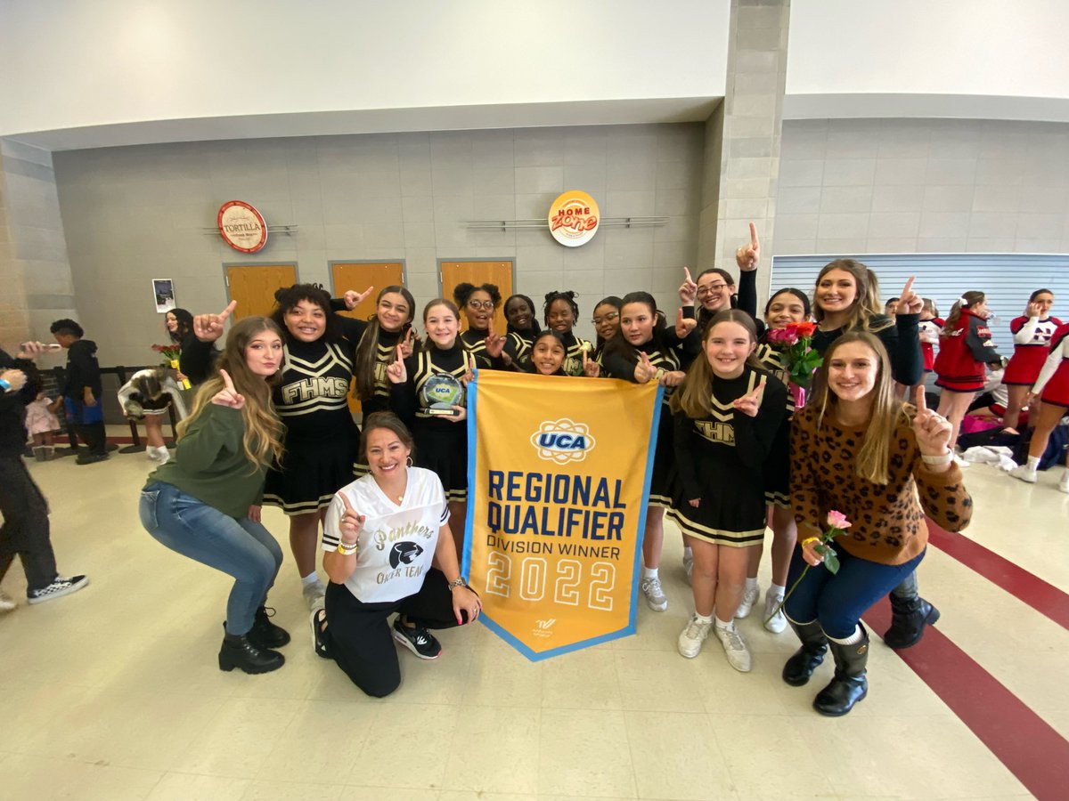 Congratualtions to our <a href="/fhmscheer/">FHMS Cheer</a> team for obtaining 1st Place at the UCA Regional Competition! 🖤💛 #FHMSlimitless #PantherPride #CelebrateKISD