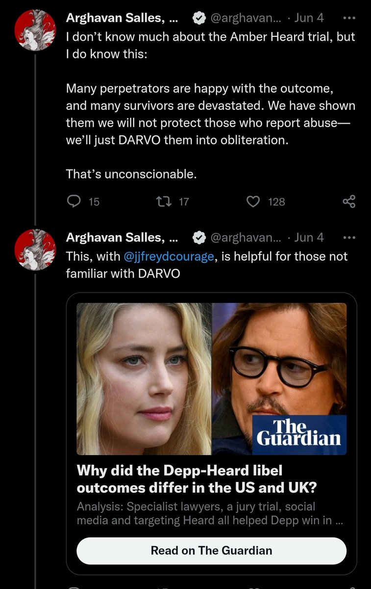 ThatUmbrella's tweet photo. Signs Amber Heard's open letter.

Admits:
- didn't watch the trial.
- doesn't matter is Heard LIED. 

Here's your so-called experts. https://t.co/U2134M4hoD