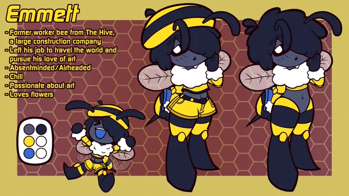 Made a random lil bee oc for fun, his name is Emmett!He was born a lot smaller than the other bees and he likes to draw a bunch!!! 