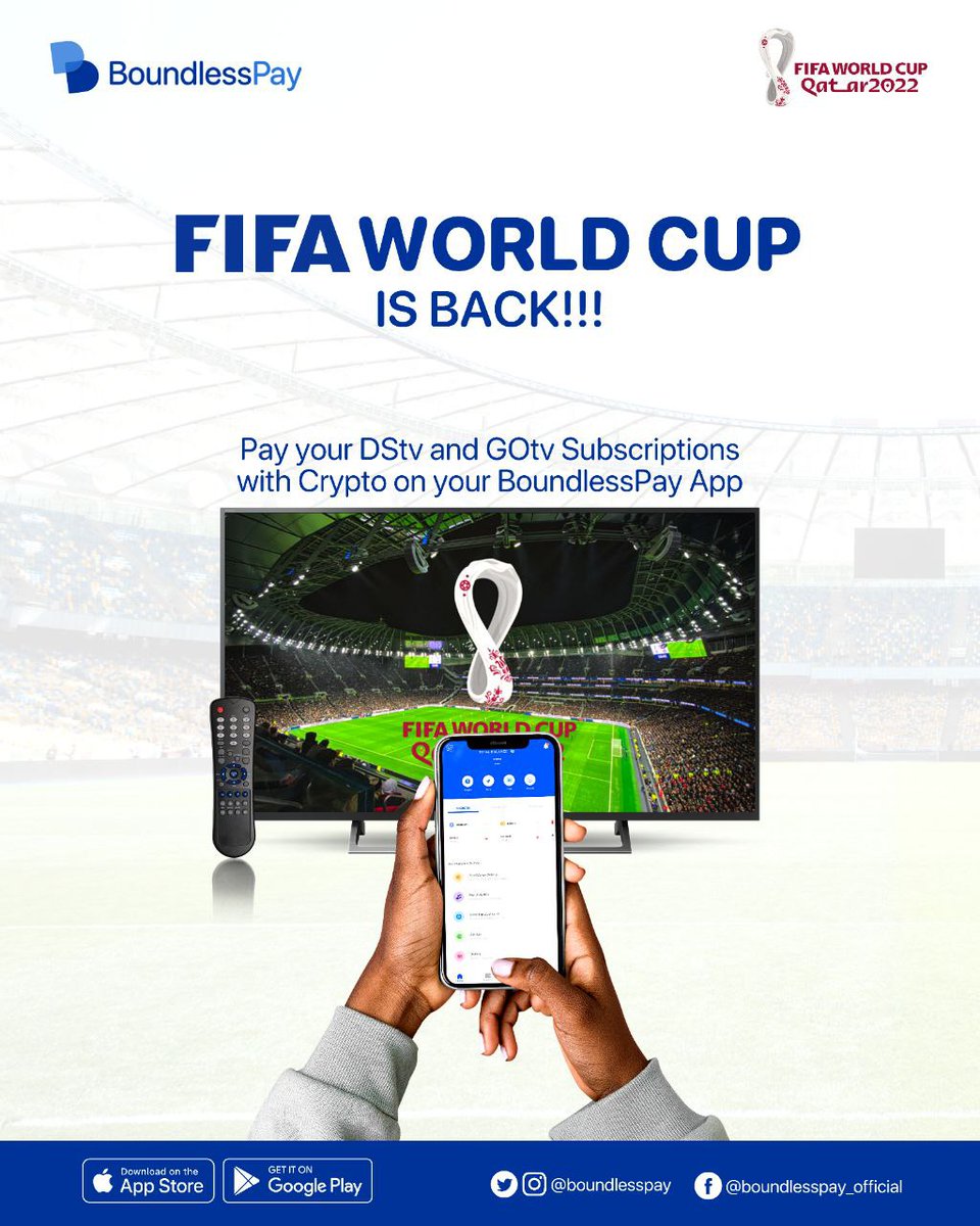 Kr8tus's tweet photo. You don't want to get disconnected watching your favorite team play,
You can catch every moment of the game.
Pay for Your subscription seamlessly using the @boundlesspay App.π
#BoundlessNexusLimited_Cohort
#BoundlessArmy
#WorldCup2022
#Utility_payment.
#Subscription https://t.co/lhdXoFZg5M