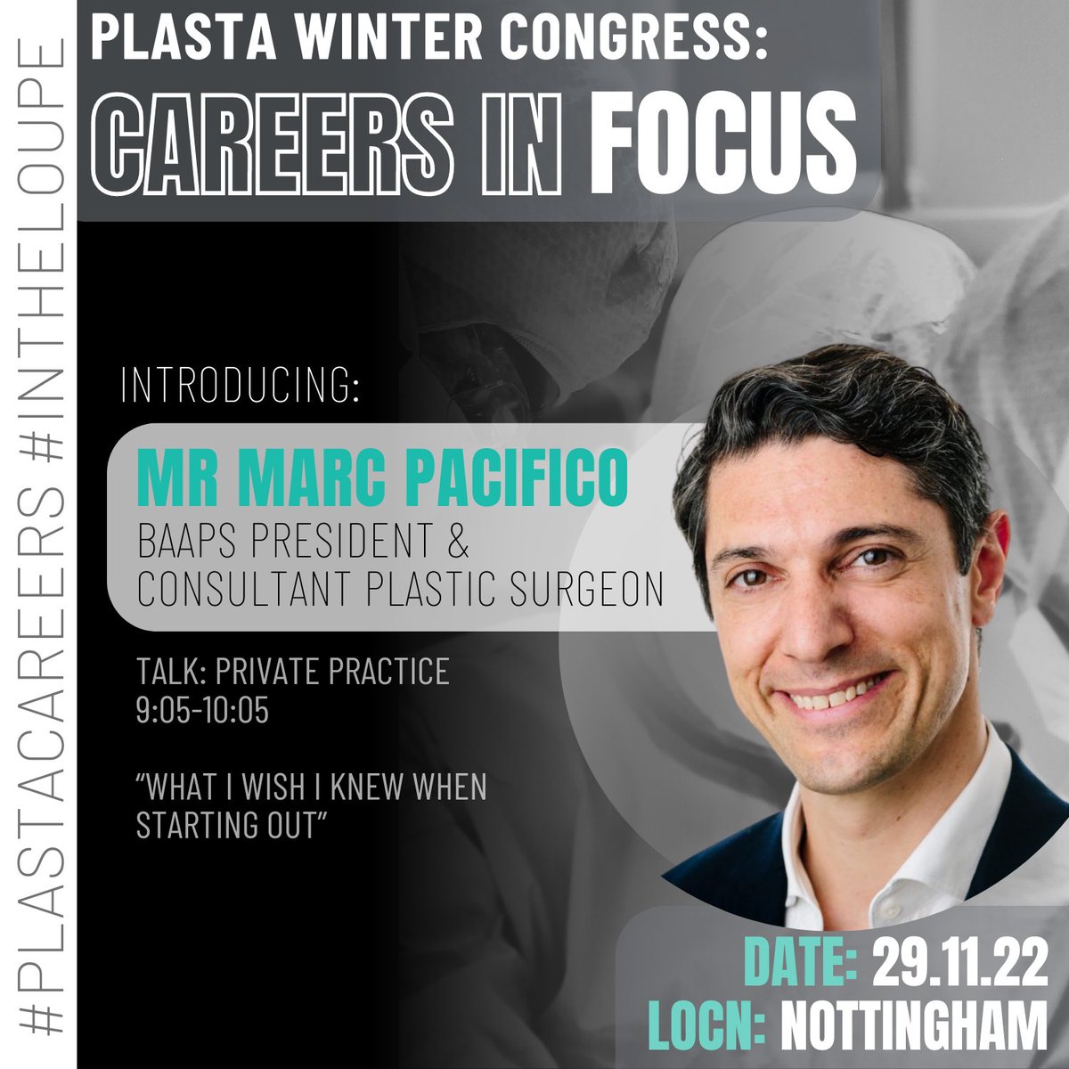 PLASTAUK's tweet photo. 📣 Winter Congress Speaker Announcement 📣

We are delighted to welcome:

🗣 Mr Marc Pacifico
🩺 Consultant Plastic Surgeon &amp; @BAAPSMedia President
🪞Private Practice Session: “What I wish I knew when starting out!”

Register 👉https://t.co/y1GyyqEJcx

 #InTheLoupe #PLASTACareers https://t.co/DUQ2R5dHt6