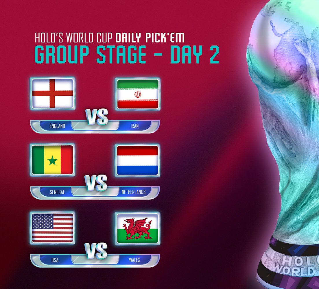 Holo’s World Cup - Day 2 🧞‍♂️⚽

Win prizes by predicting the outcome of World Cup matches! 🔮🎁

To Enter:

- Complete the Google Form linked below 📝

- Like + RT this Tweet 💙

- Reply to this tweet 💬

Deadline to enter Day 2 is 7:59am ET Mon Nov 21 🚨