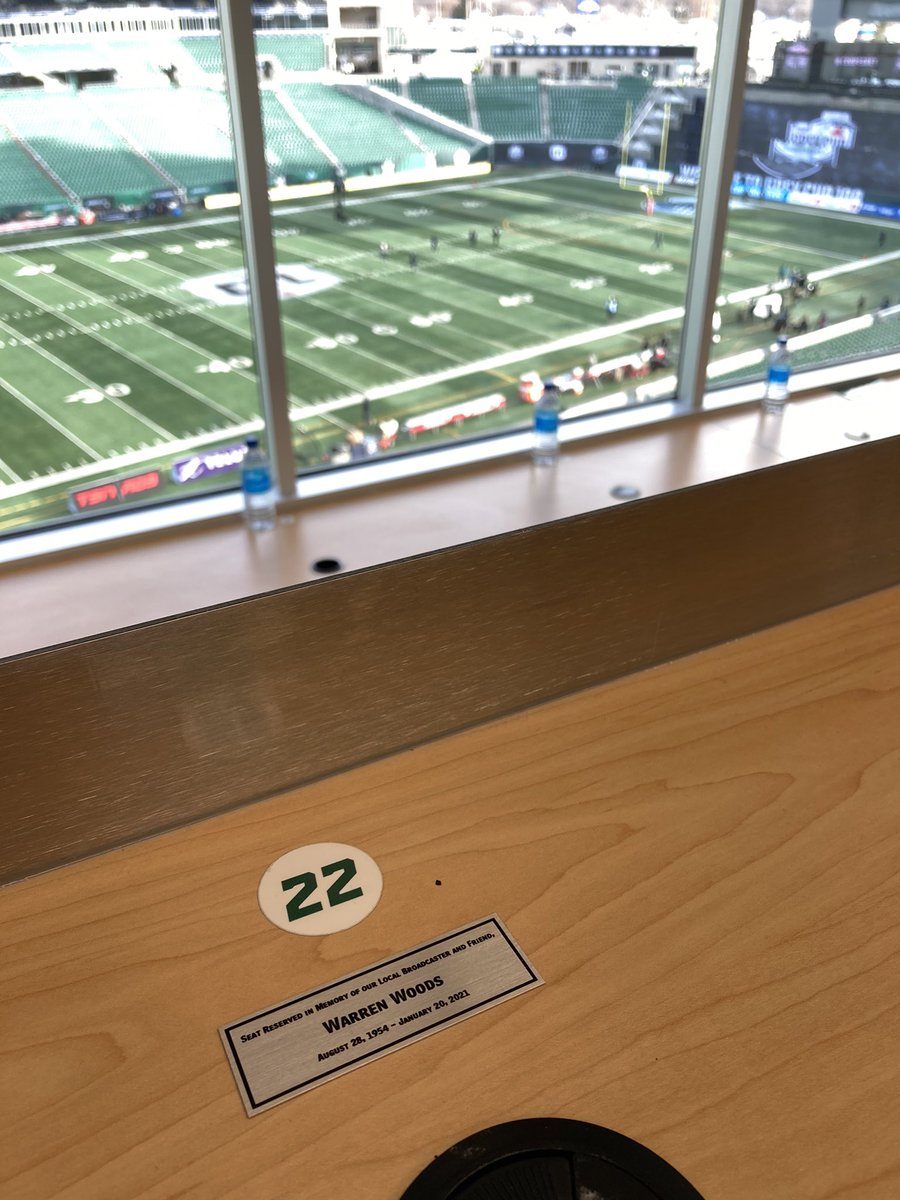 Woodsy’s spot in the press box will remain vacant for #GreyCup109. We raised a glass for him again last night and all I can think is how much he would enjoyed this week.