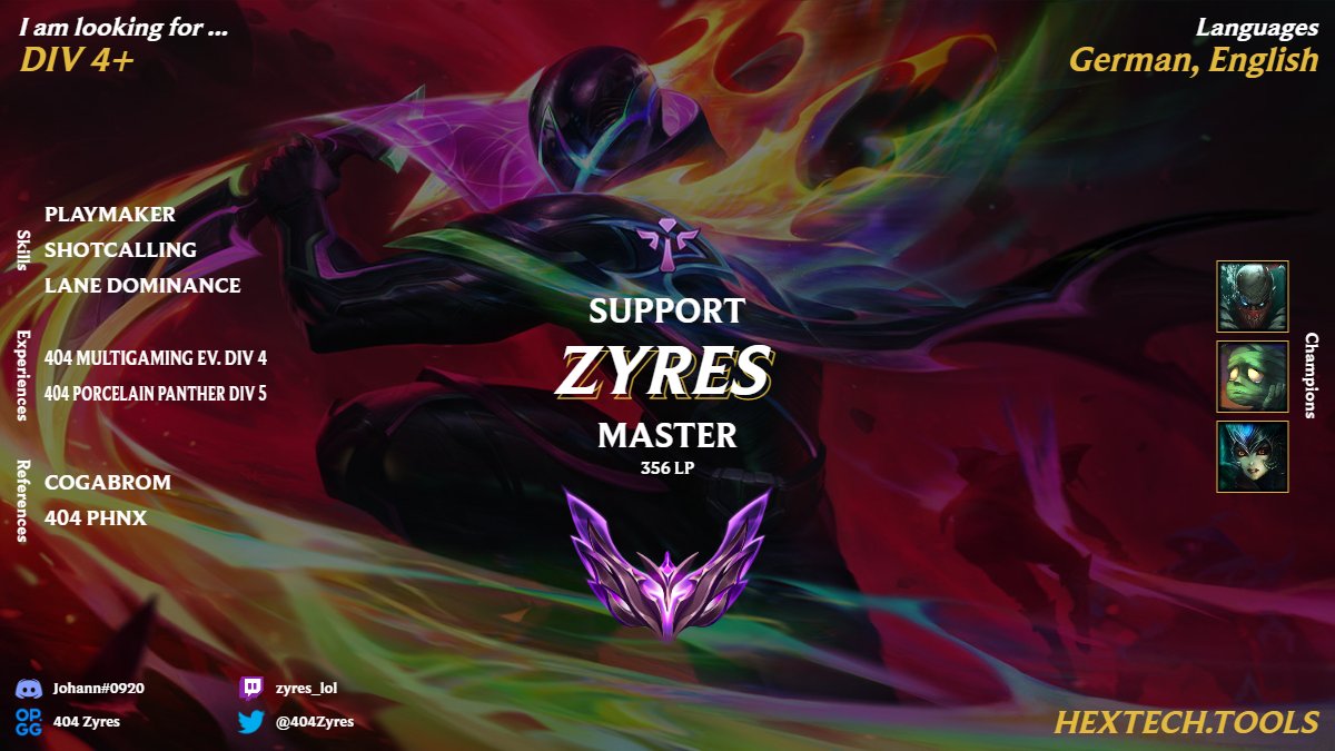 Zyres (@zyres_lol) on Twitter photo After playing for <a href="/404_Multigaming/">404 Multigaming e.V.</a> im exploring my options for the upcoming spring split, preferably staying together with my former teammate <a href="/Benjaabruv/">Benjaa</a>. <a href="/lft_prime/">Prime League LFT</a> After playing for <a href="/404_Multigaming/">404 Multigaming e.V.</a> im exploring my options for the upcoming spring split, preferably staying together with my former teammate <a href="/Benjaabruv/">Benjaa</a>. <a href="/lft_prime/">Prime League LFT</a>