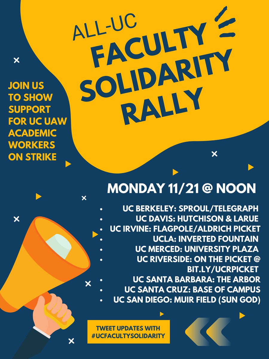 CharmaineSChua's tweet photo. Calling all UC faculty! Tomorrow, Monday 11/21 @ Noon, faculty allies will hold coordinated solidarity rallies on NINE out of 10 UC campuses. Join us faculty, students, staff, workers, community - all out to show the UC that we are united in solidarity with workers on strike! https://t.co/lykhZRXerJ
