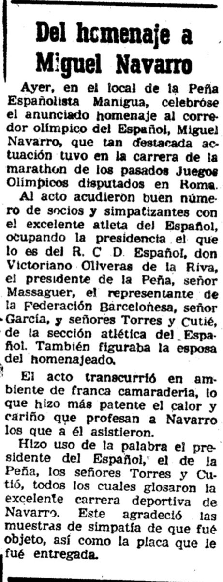 fcp_espanyol's tweet photo. #Taldiacomavui de 1960, la @GPEManigua ret un homenatge a l’atleta olímpic maratonià del @RCDEspanyol Miguel Navarro. L'acte es celebra a la seu social de la penya, al C/ Major de Gràcia 69, 1er., de Barcelona. #RCDE #FCPE https://t.co/JFgYrmlhwX