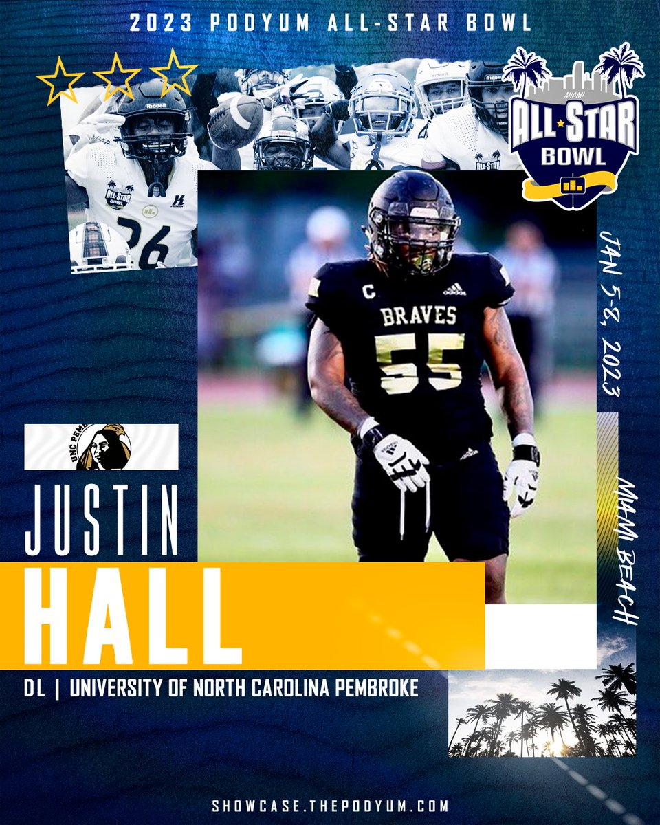 PodyumBowl's tweet photo. 🚨 𝗖𝗢𝗡𝗙𝗜𝗥𝗠𝗘𝗗 🚨

Defensive Lineman @Jay_work54 from 
@UNCP_Football has accepted the invitation to compete at the 2023 Podyum All-Star Bowl! See you in Miami!

https://t.co/XTClWkjzWL

#EarnYourLevel #CollegeAllStar #FootballShowcase #ProFootball #NFL #CFL #XFL #USFL https://t.co/zu6FBSR0Od