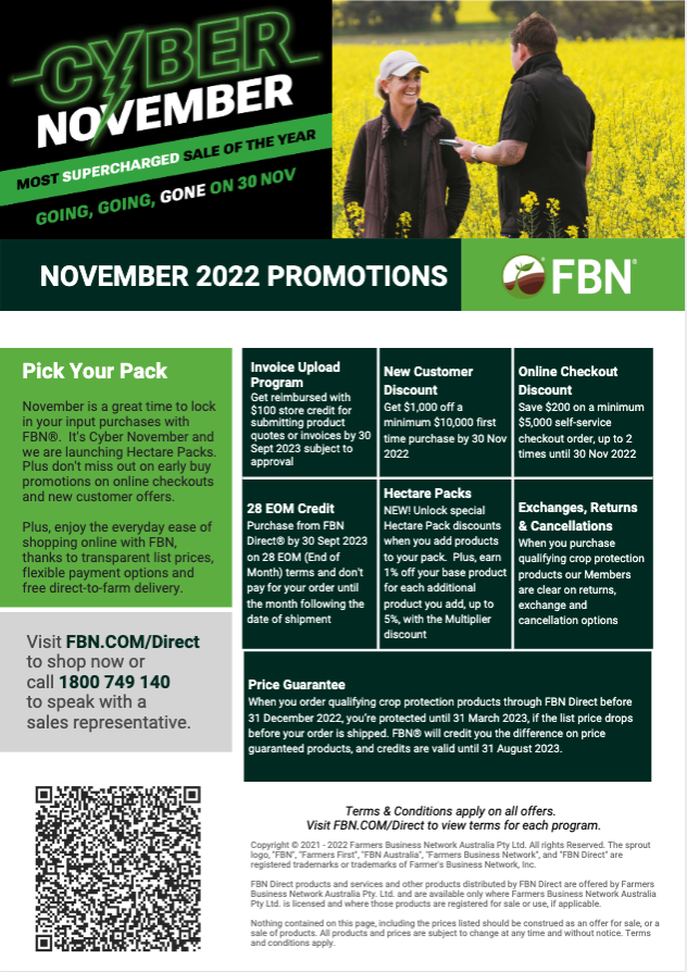 DavidEvans_59's tweet photo. It's all happening at FBN during November. New Customer Discount, Online Checkout rewards, Price Guarantee, Hectare Packs &amp; more. https://t.co/Yt9aGjPzI9 https://t.co/EykE0P7NbU