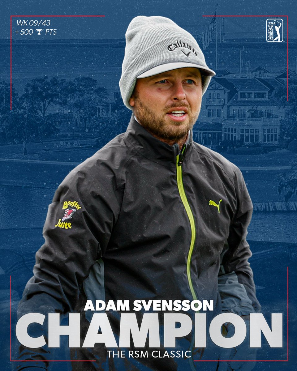 PGA TOUR (@pgatour) on Twitter photo A first-time winner on TOUR! 🏆
Canadian @AdamSvensson59 has won <a href="/TheRSMClassic/">The RSM Classic</a> in his 70th career start. A first-time winner on TOUR! 🏆
Canadian @AdamSvensson59 has won <a href="/TheRSMClassic/">The RSM Classic</a> in his 70th career start.